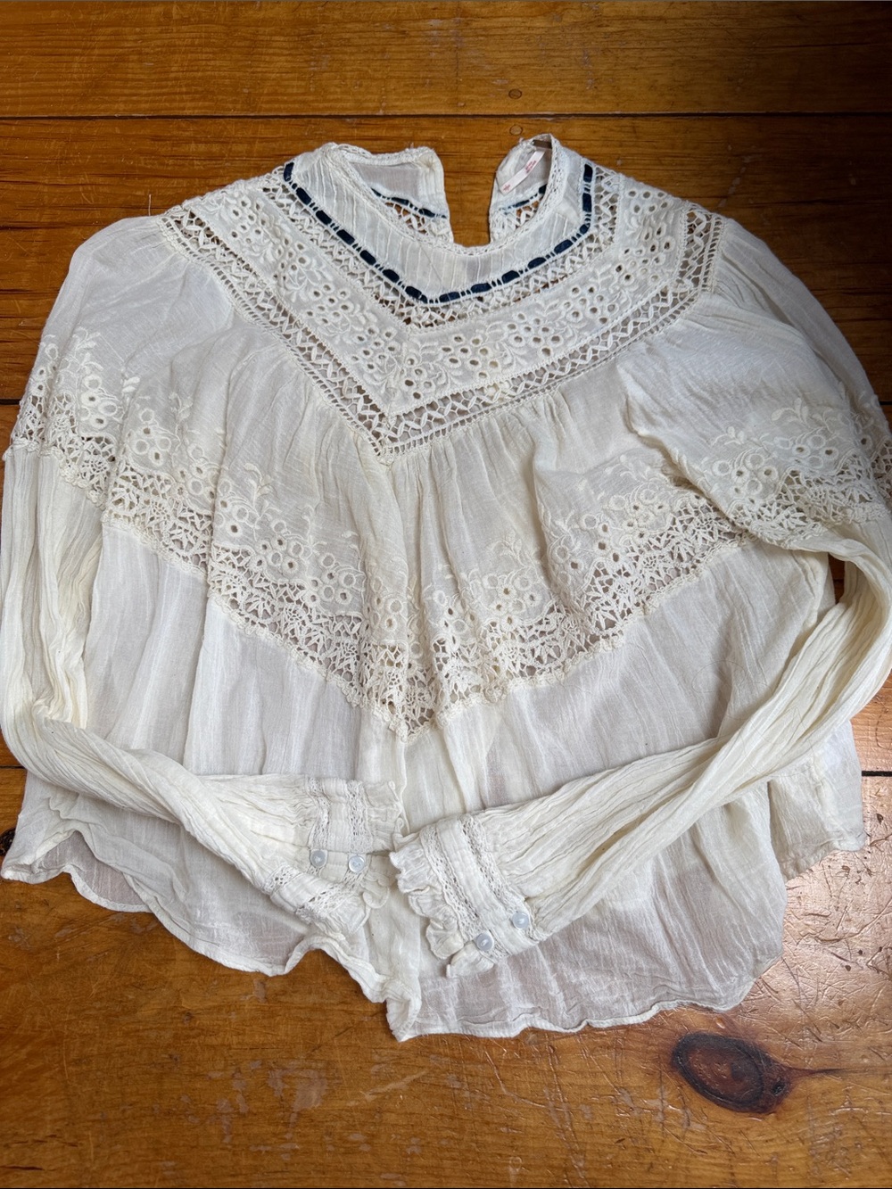 Free People Ivory Lace Crochet Yoke Long Sleeve Blouse